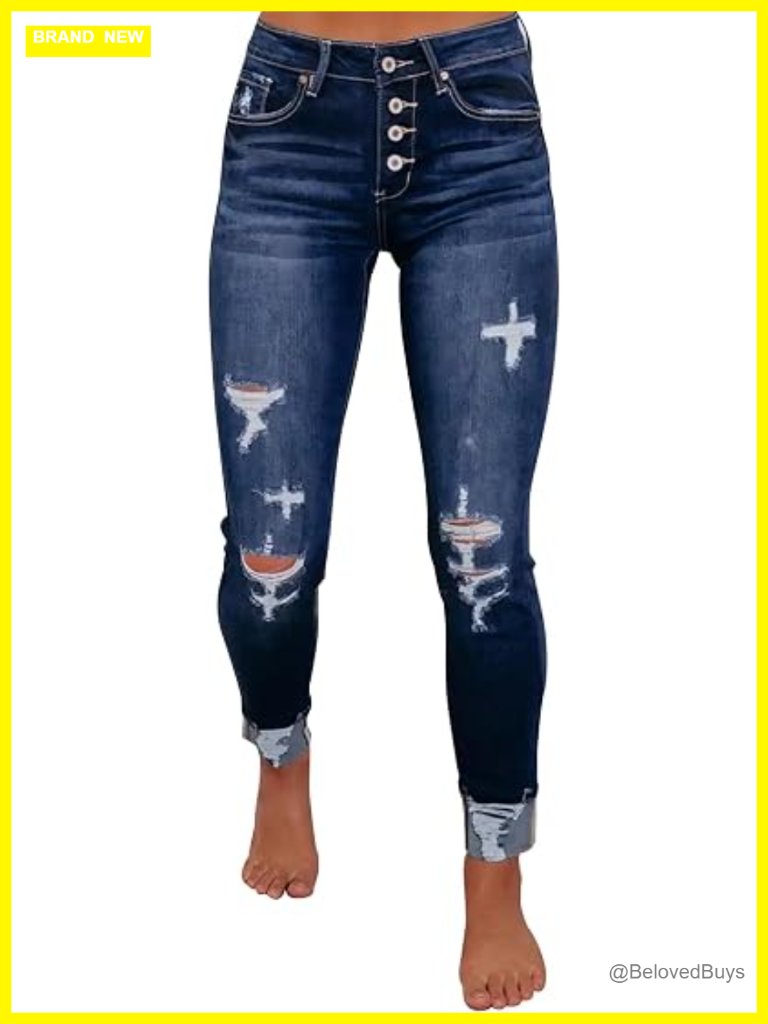 Stretchy Ripped Skinny Jeans Distressed Frayed Denim Pants Raw Hem High Rise